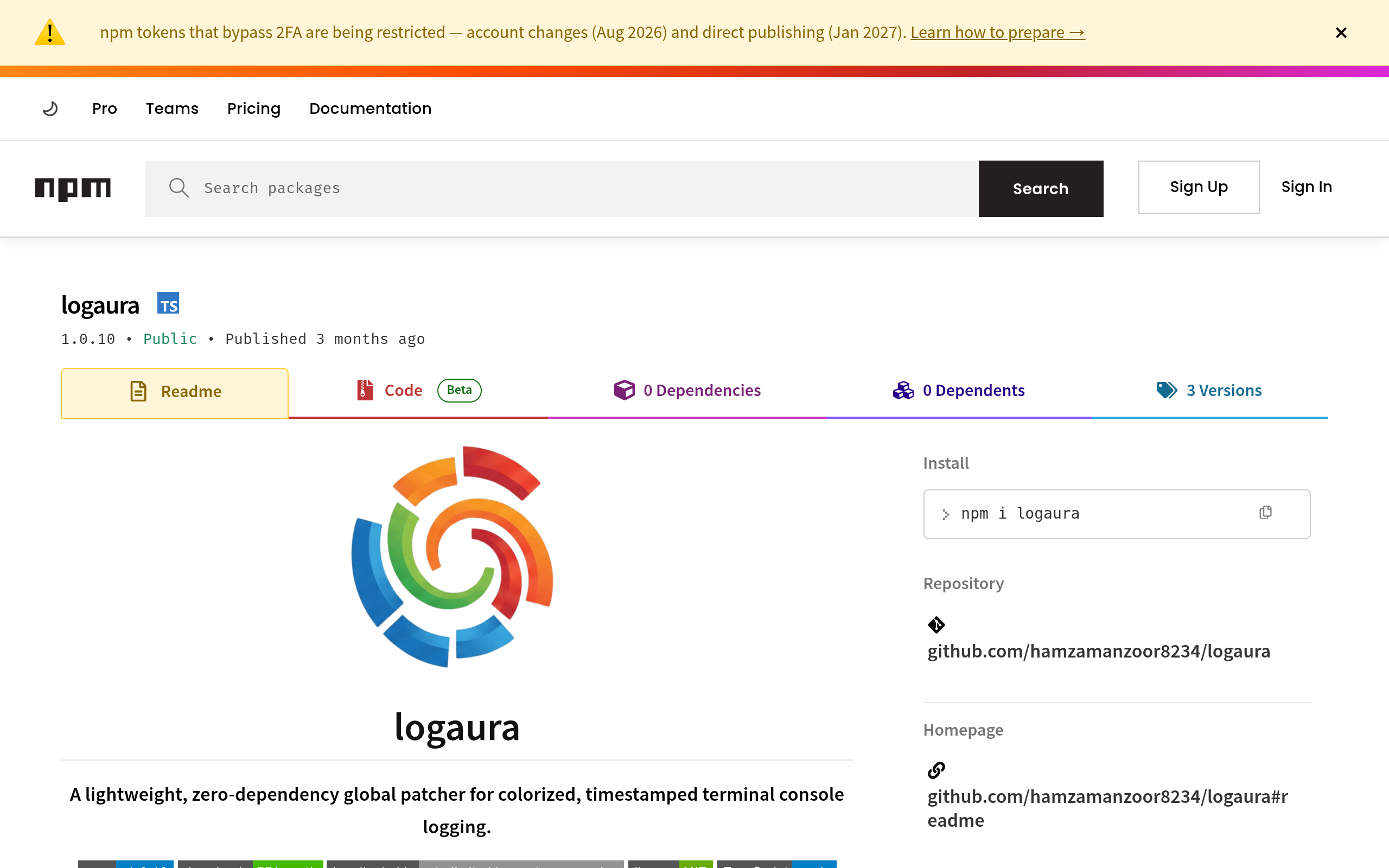 Logaura NPM Package Website Screenshot
